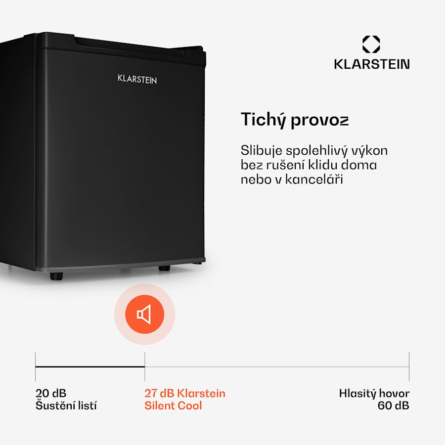 klarstein silent cool, lednice, 30 l, arctic fox cooling, energetická třída f, černá klarstein silent cool, lednice, 30 l, arctic fox cooling, energetická třída f, černá
