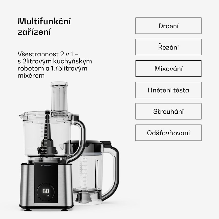 klarstein verosteel kuchyňský robot s mixérem | hnětení, šlehání a odšťavňování | 1200 w | 2 l/1,75 l klarstein verosteel kuchyňský robot s mixérem | hnětení, šlehání a odšťavňování | 1200 w | 2 l/1,75 l